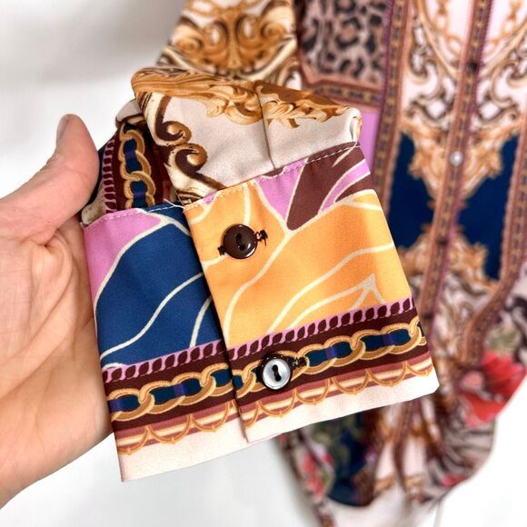 Her Bottari Shirt Dress Large Multicolor Patchwork Long Sleeve Button Front Mini - Picture 9 of 15